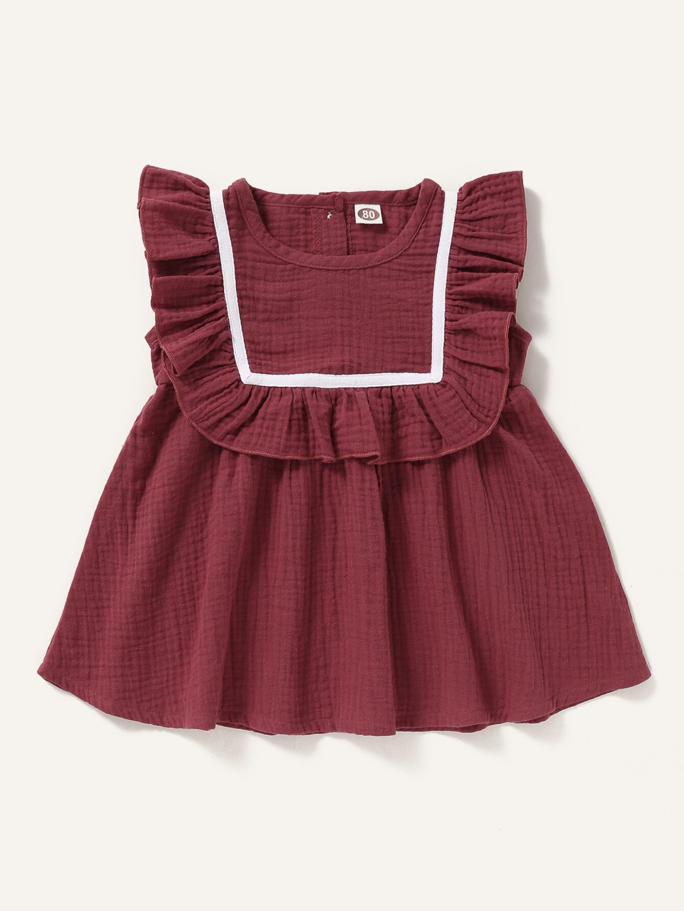 Ropa de verano para niña, traje sin mangas con volantes, liso, rojo vino, chaleco, , 18 meses