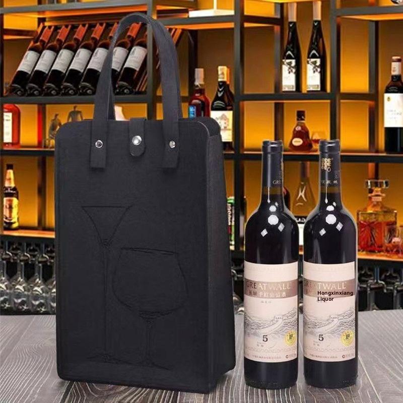 Vilten wijnfleszak Dubbele flessen Grote dragende draagbare drankverpakking Handtas Cadeaupapier Opbergtas Wijndraagtas: zwart