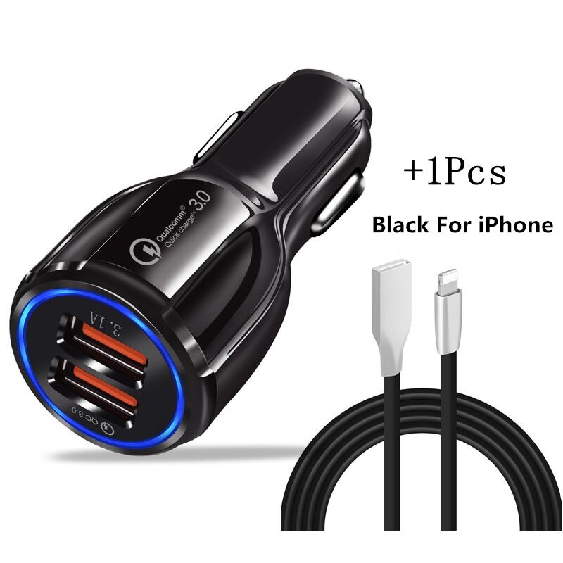 2 Usb-poorten Carcharger Quick Lading QC3.0 Snel Opladen Adapter Dual Usb Auto-Oplader Voor Iphone Micro Usb Type C Kabel Lader: With Black IOS Cable