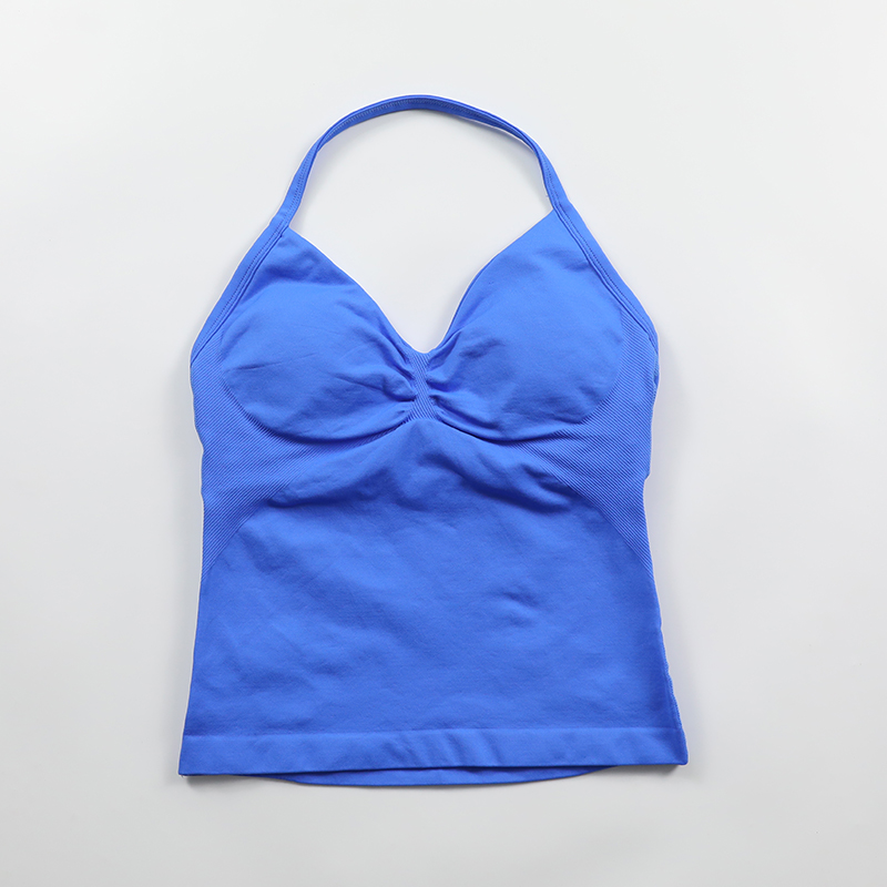 Impact Longline Strappy Top Women Seamless Yoga Tank Tops Scrunch Backless Gym Clothes Padded Workout Athletic Sleeveless Shirts: M / Blue