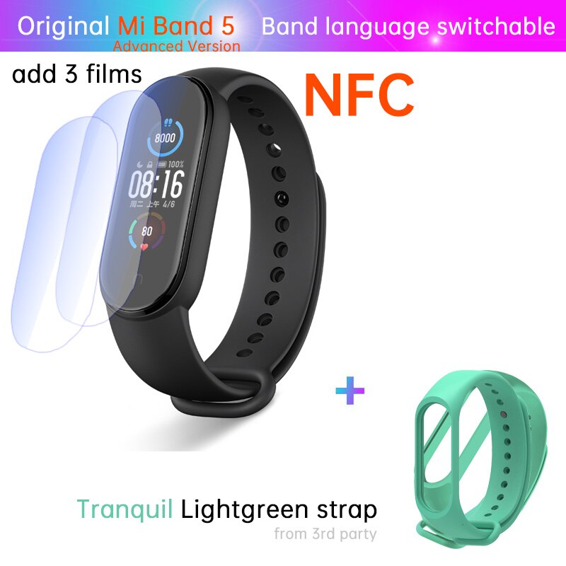 Xiaomi-pulsera inteligente Mi Band 5 con NFC, brazalete para el estrés, control del ritmo cardíaco, sueño, pasos, natación, deporte, alarma: NFC n film l green