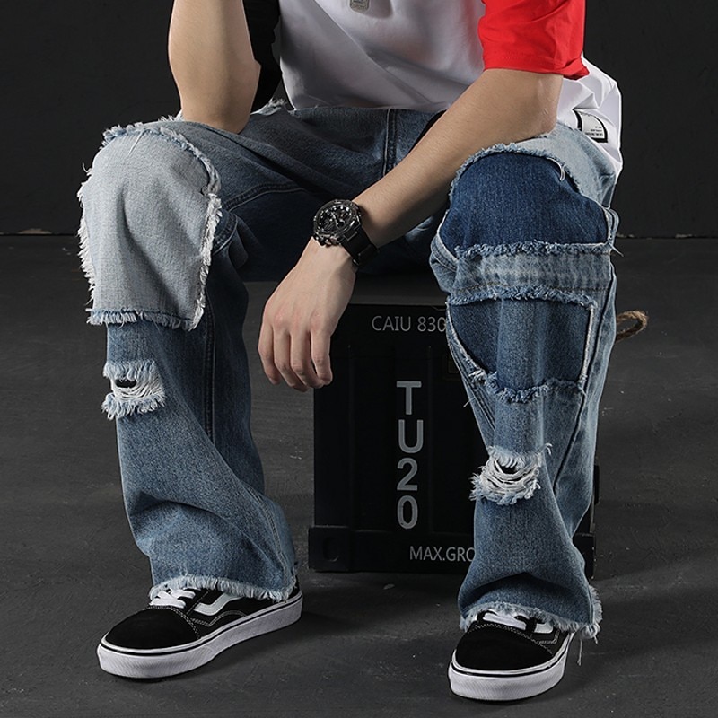See Zerrissene ausgebeult Breite Bein Jeans Männer Patchwork Gerade Jeans verlieren passen Hüfte hüpfen Sommer Denim Knöchel Länge Hosen blau