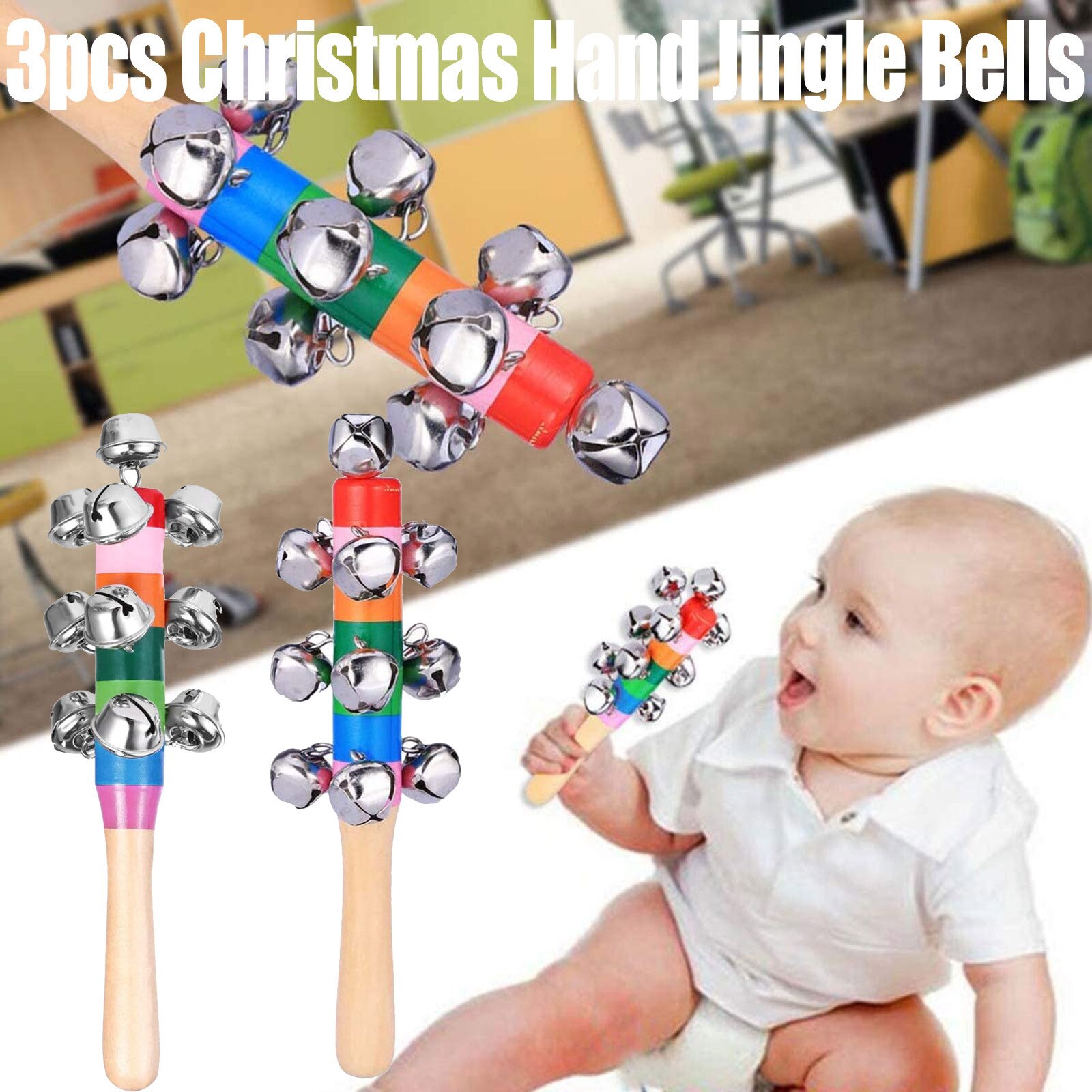 Christmas Hand Jingle Bells Hand Sleigh Bells Rainbow Shake Decoration Bells Musical Instrument Handle Bell Ring Educational Toy