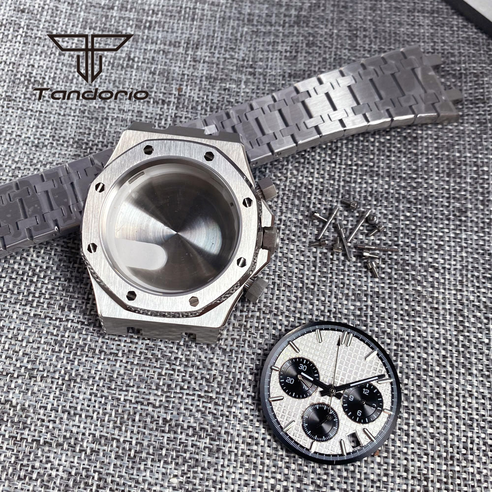 Roestvrijstalen Geborsteld 42Mm Horlogekast Armband Achtkant Bezel Saffier Crystal Fit Vk63 Vk64 Chronograaf Quartz Uurwerk: Rose Gold