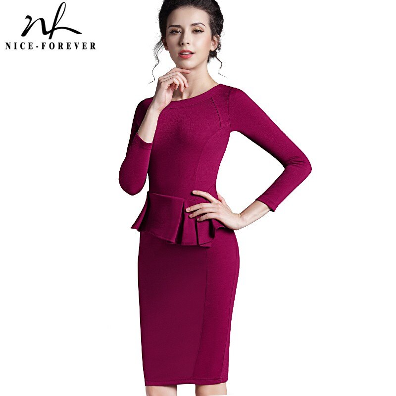 Nice-forever elegante cor sólida peplum vestidos de escritório festa de negócios bodycon bainha vestido feminino 635