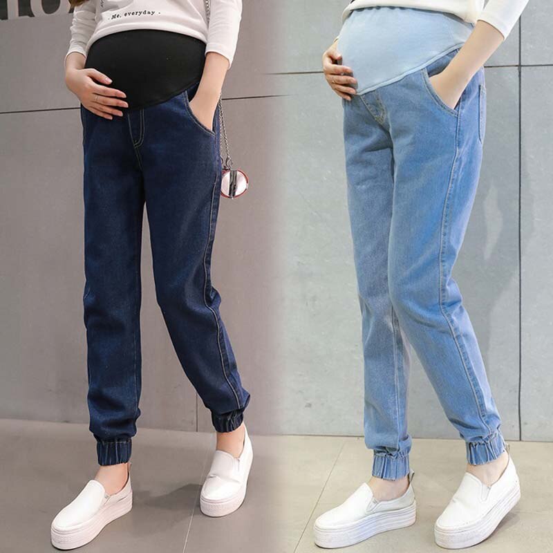 Elastic Waist Hole Stretch Denim Maternity Belly Jeans Autumn Spring Pants Clothes for Pregnant Women Pregnancy Pencil Trousers