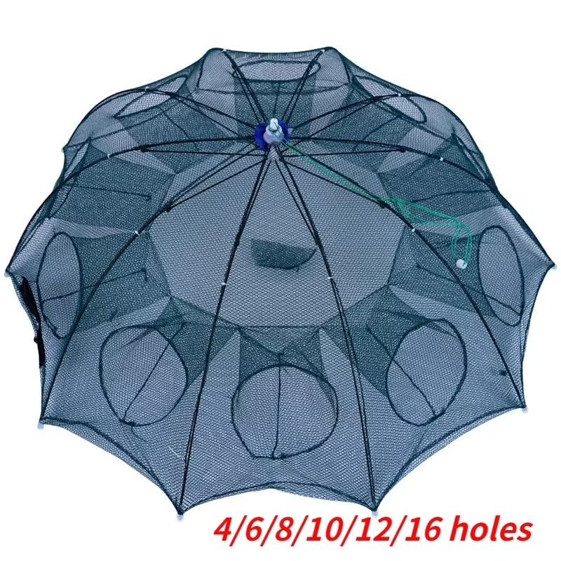4-16 Holes Strengthened Fishing Net Shrimp Cage Foldable Nylon Automatic Umbrella Shape Fish Trap Cast Folding Landing Net