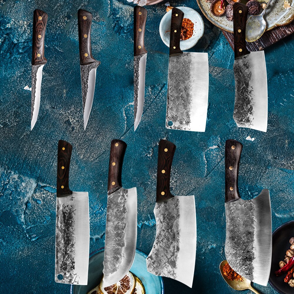 Traditional Forged Kitchen Knife Set Handmade Hammer Stainless Steel Chef's Chopper Cooking Knives Meat Slicer Butcher Knife