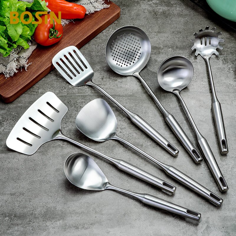 Stainless Steel Cooking Utensils 304 Tableware Spoon Turner Rice Colander Shovel Pasta Server Strainer Kitchen Tools Set: one set