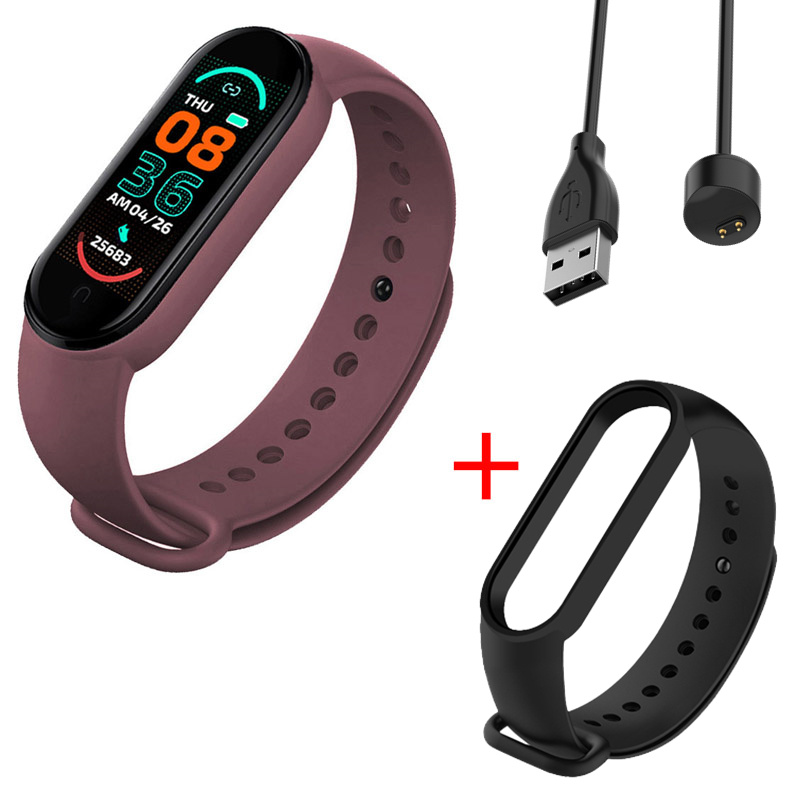 M6 Men&#39;s Ladies Smart Watch Fitness Pedometer Blood Pressure Heart Rate Monitor Digital Watch for Android IOS Phone System: Wine red Black