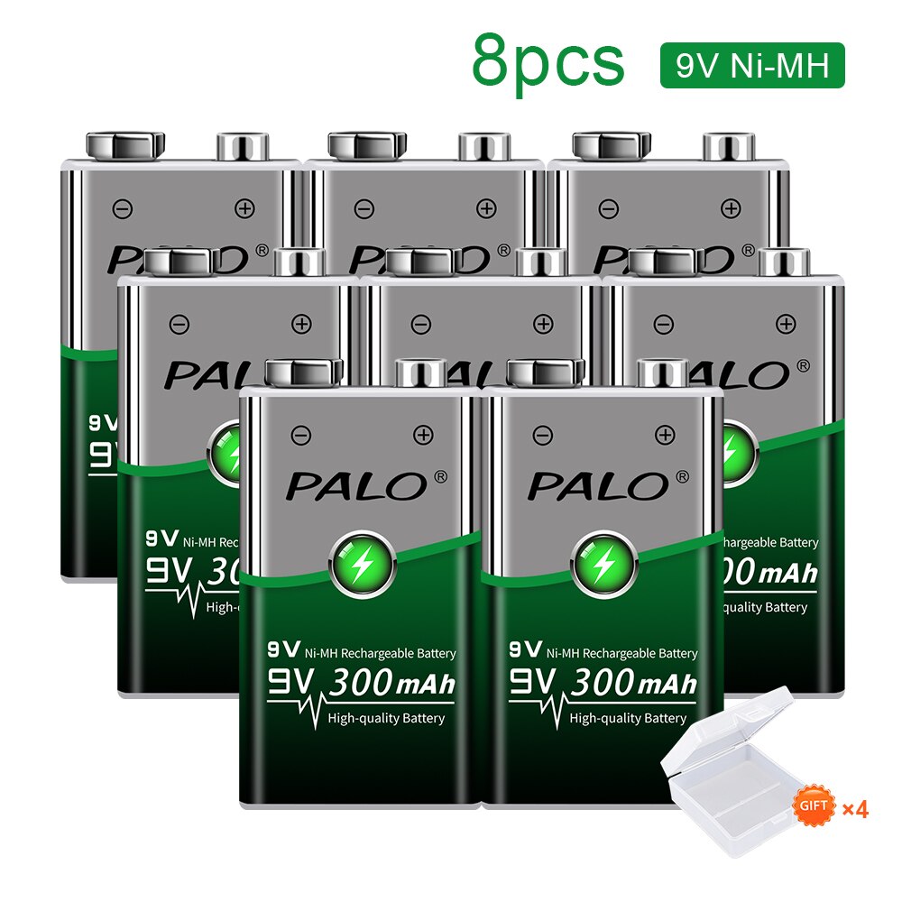 6F22 9V Ni-MH Rechargeable Battery +Smart 9v battery Charger with LED Indicator for 1.2v Nimh AA AAA Rechargeable Battery 9v: 8pcs 9v battery