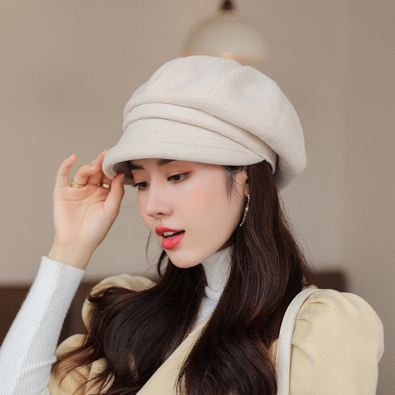 Octagonal Hat for Women Cotton Polyester Material Solid Color Retro Curled Short Brim Dome Simple and Beret Women's Hat: Beige
