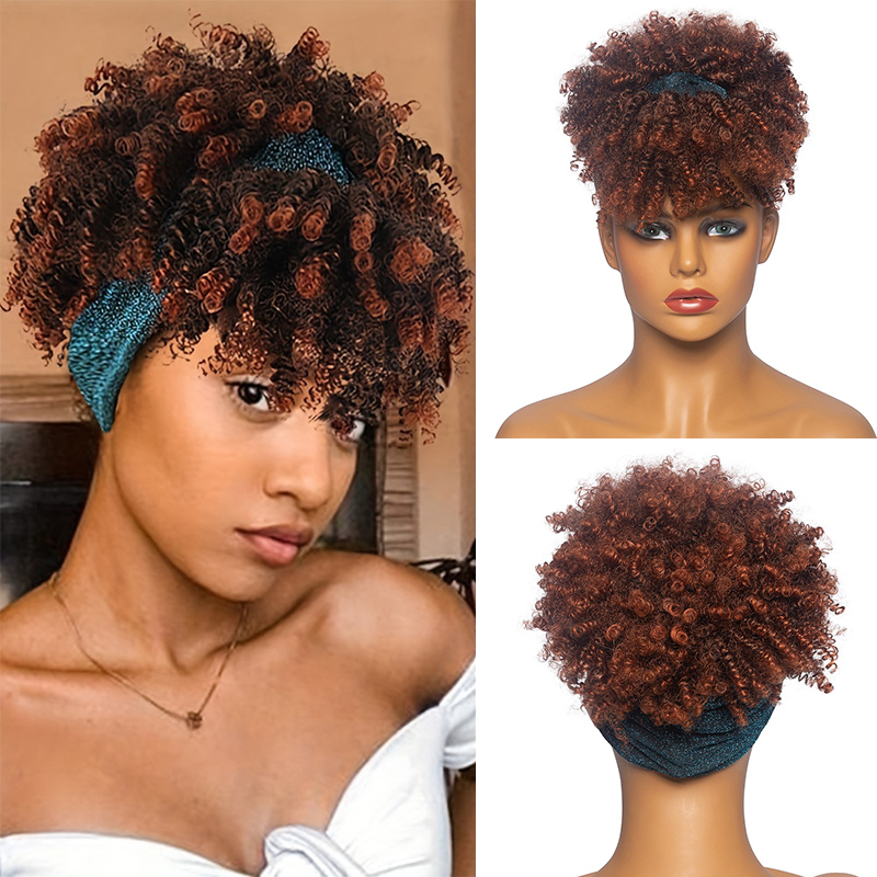 Afro Kinky Curly Headband Wigs Short Fluffy Curly Scarf Wig with Bangs Natural Synthetic Afro Curly Head Band Wig Cosplay: T1B/Green