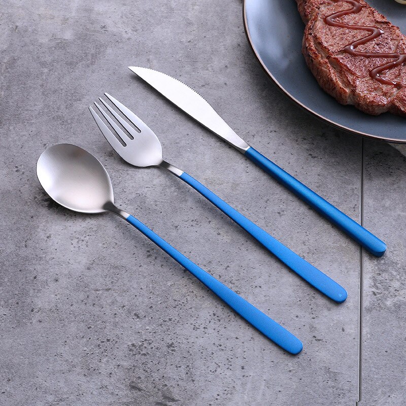 Couverts occidentaux en acier inoxydable vaisselle cuillère fourchette couteau pour Spaghetti Steak salade nourriture photographie tir ornement accessoires: Silver Blue 3pcs