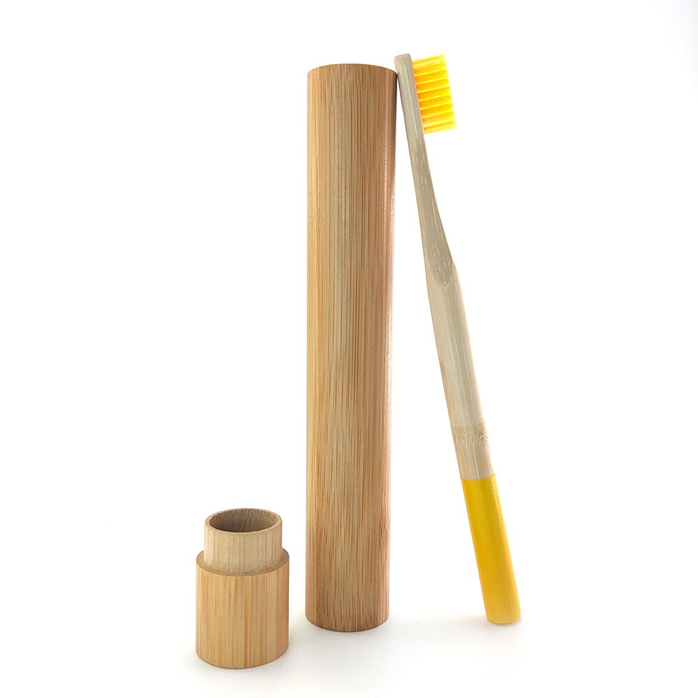 Degradable Bamboo Toothbrush with Natrual Bamboo Straw Case Eco-friendyly Portable Travle Toothbeush Set for Teeth care: Yellow
