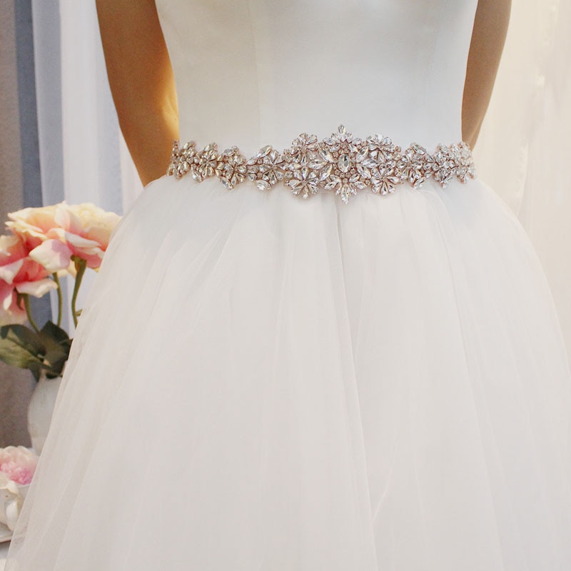 Slbridal Rose Gold Crystal Wedding Riem Satijn Strass Avond Prom Dress Riem Bruids Lint Sash Vrouwen Bruiloft Accessoires