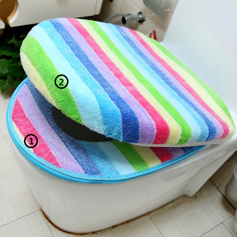 Ensemble de housse de siège de toilette en velours, épais, doux, couleur arc-en-ciel, fermeture éclair, housse de pot de toilette chaude et imperméable SWZ030: rainbow 2 pieces set