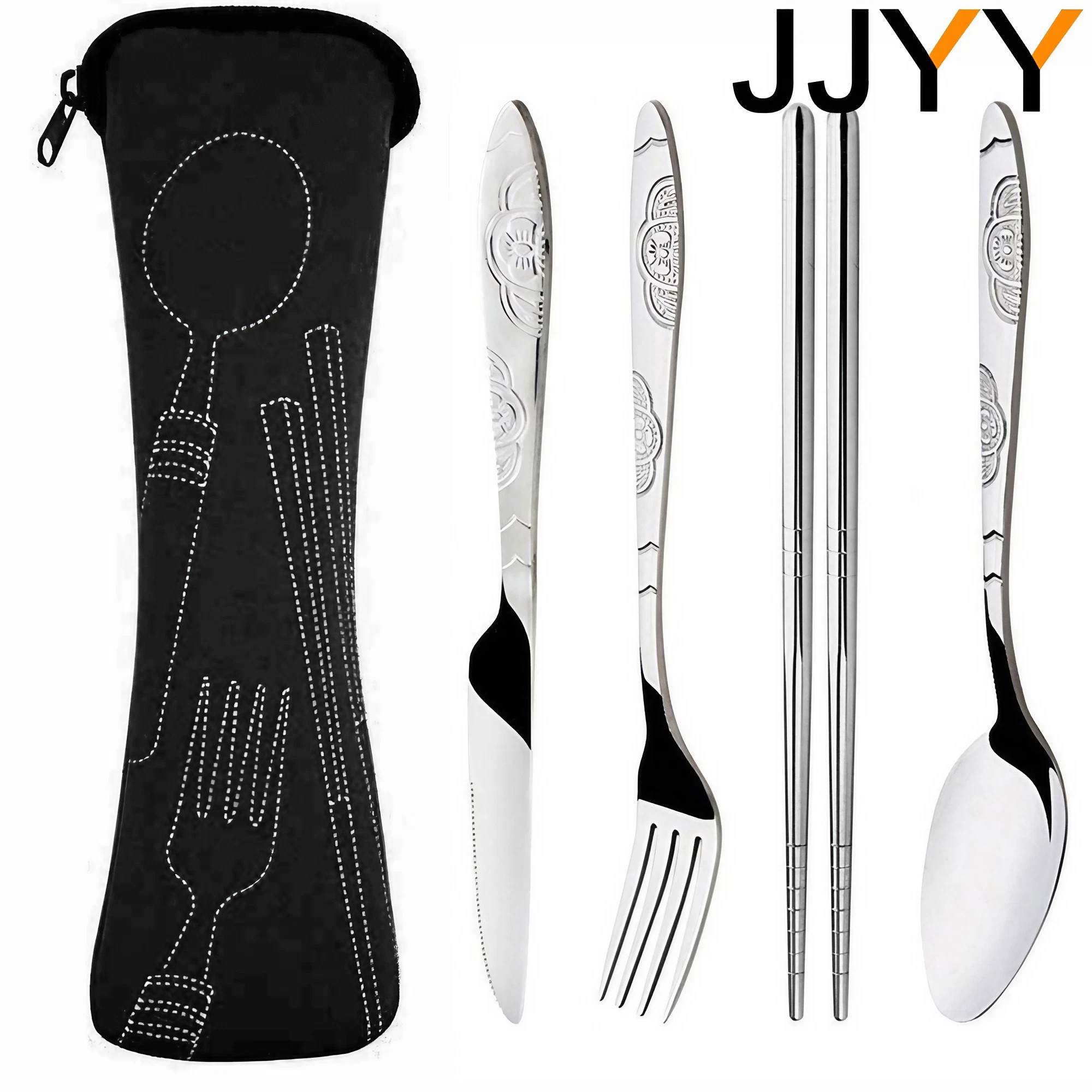 JJYY-Juego de vajilla portátil, cuchillos impresos, tenedor, cuchara, acero inoxidable, familia, Camping, carne, cubiertos, vajilla con bolsa, 4 Uds./3 uds.