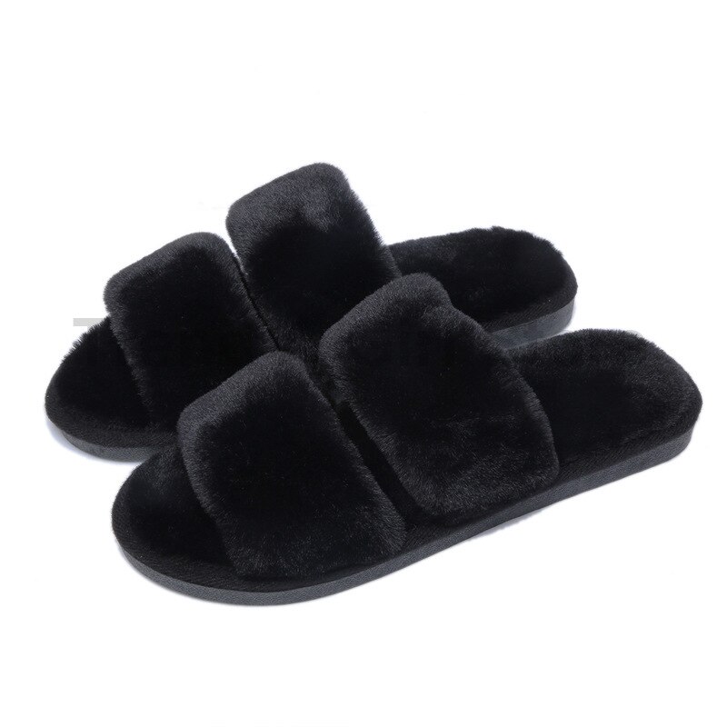 Femmes moelleux hiver pantoufles solide croix en peluche bout ouvert diapositives doux plat femme chaussures fausse fourrure pantoufle maison chaussures