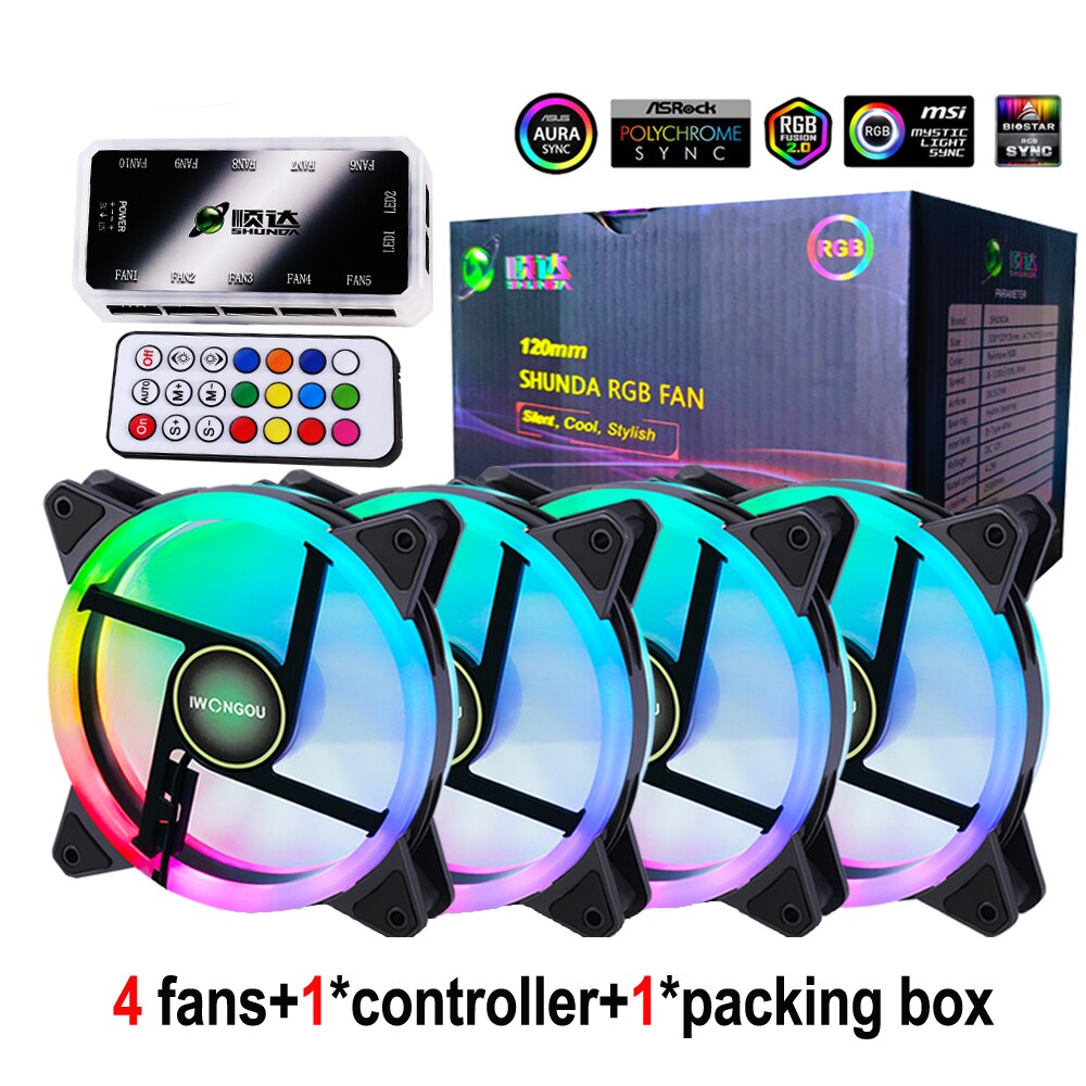 IWONGOU Fan RGB Adjust PWM 120mm PC Fan Computer Cooler Argb Case Fan For Argb Case Cooler Double Ring: 4ARGBFan 1Controller / Cosmos Glitter S