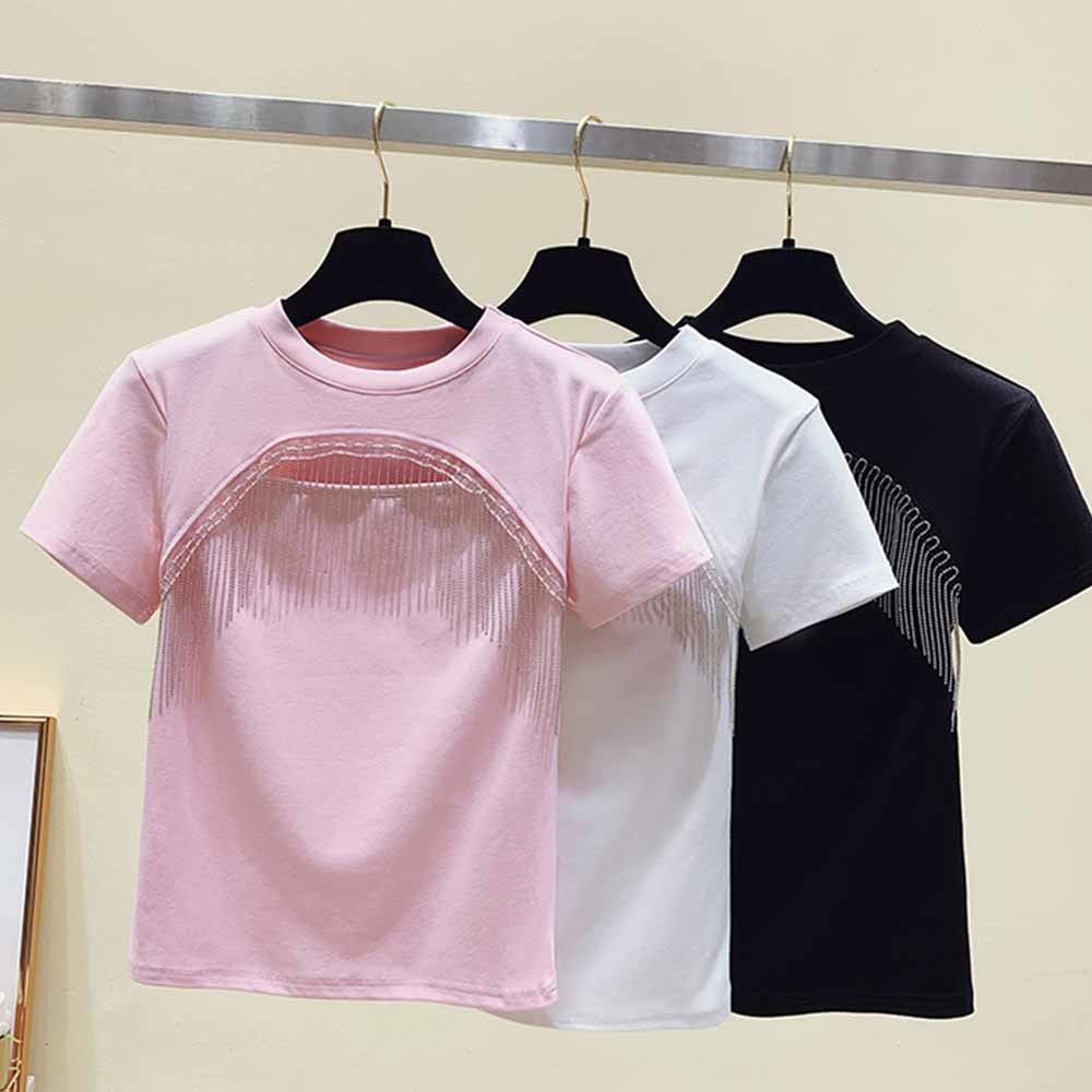Pink/sort/hvid t-shirt crop top sommer t-shirts toppe kvinde t-shirt udhulet kvast bomuld kortærmet t-shirt dametøj