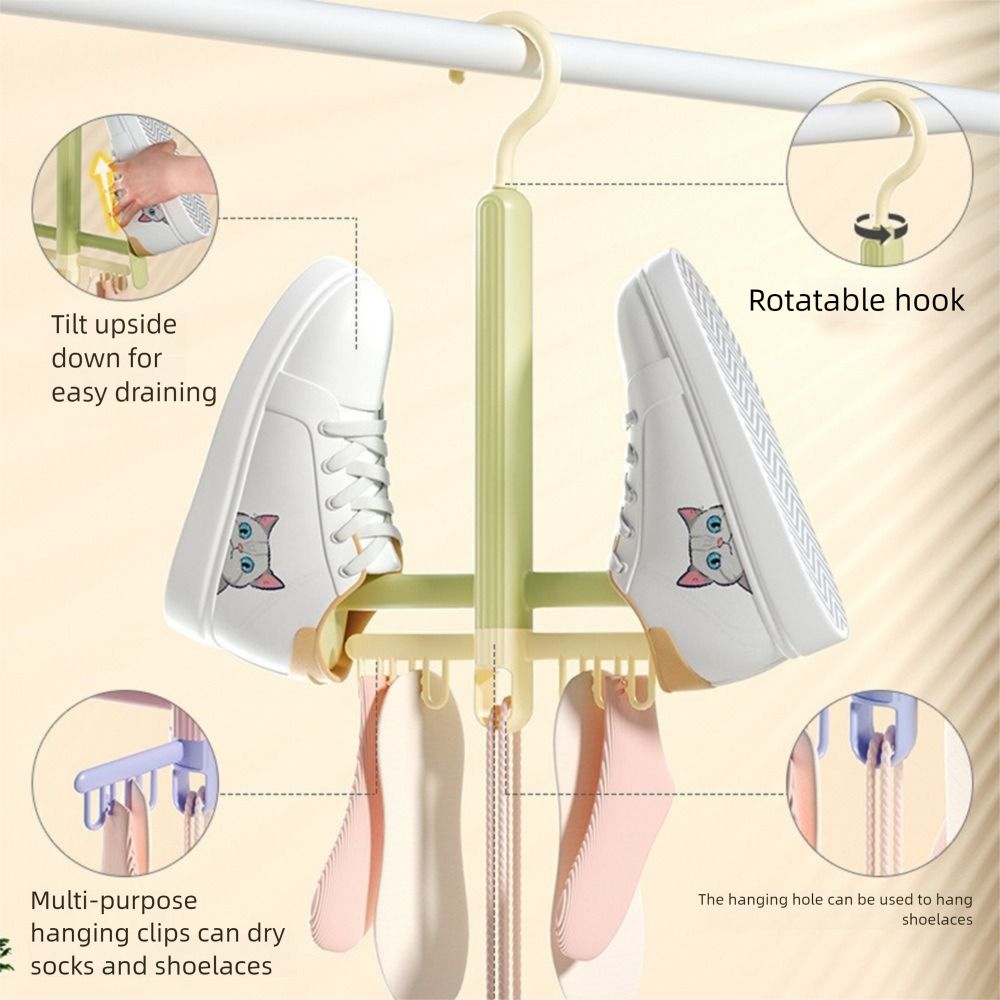 2 stk. roterbart tørkestativ for sko, vindtett med sokkeklemmer, skooppbevaring, raskt tørk, gjenbrukbar tørkehenger for sko