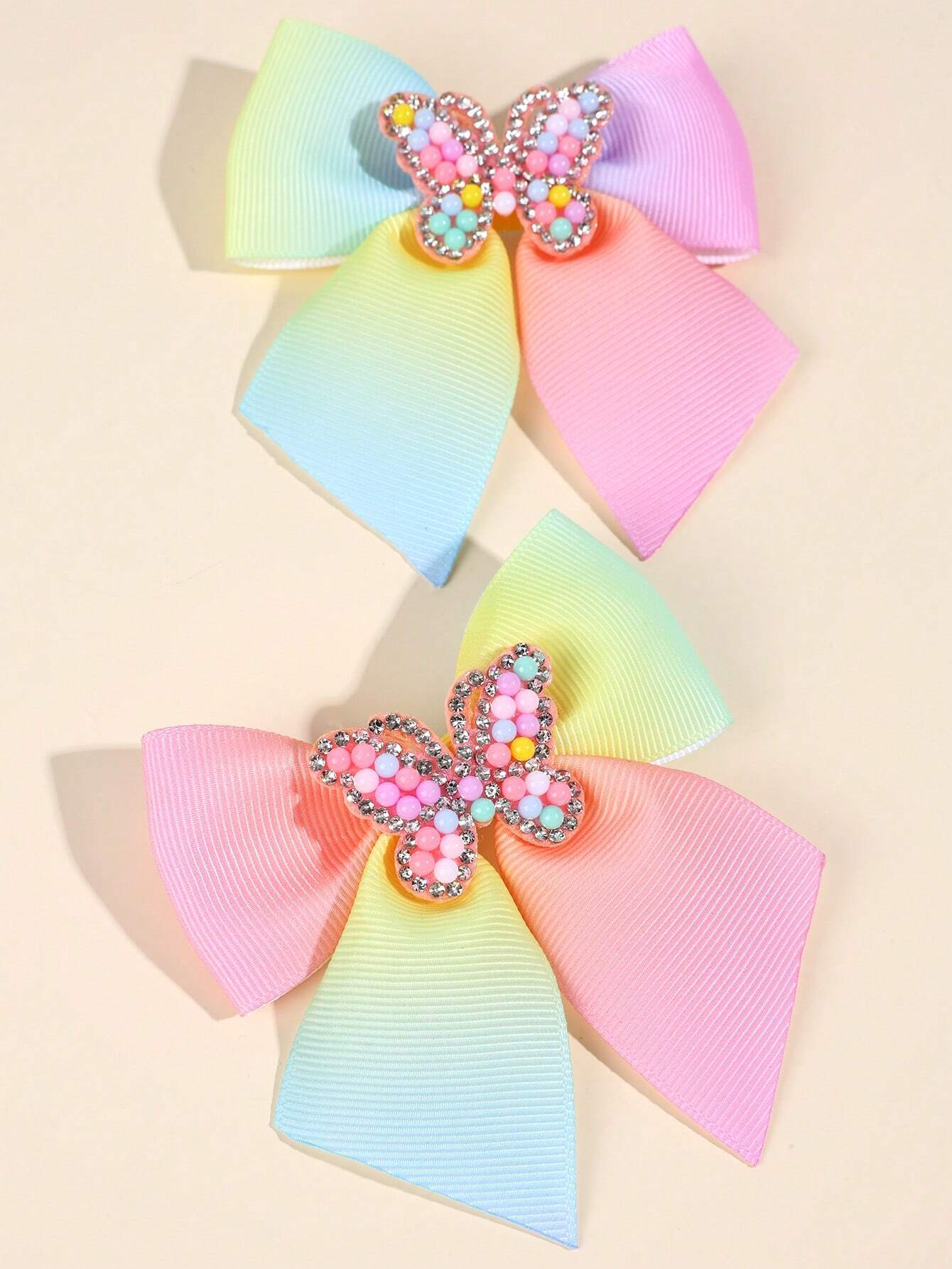 Lazo de pelo de arcoíris para niña, 2 piezas, cinta de grogrén degradado, pinzas para el pelo con cuentas de diamantes de imitación, mariposa, accesorios para el cabello