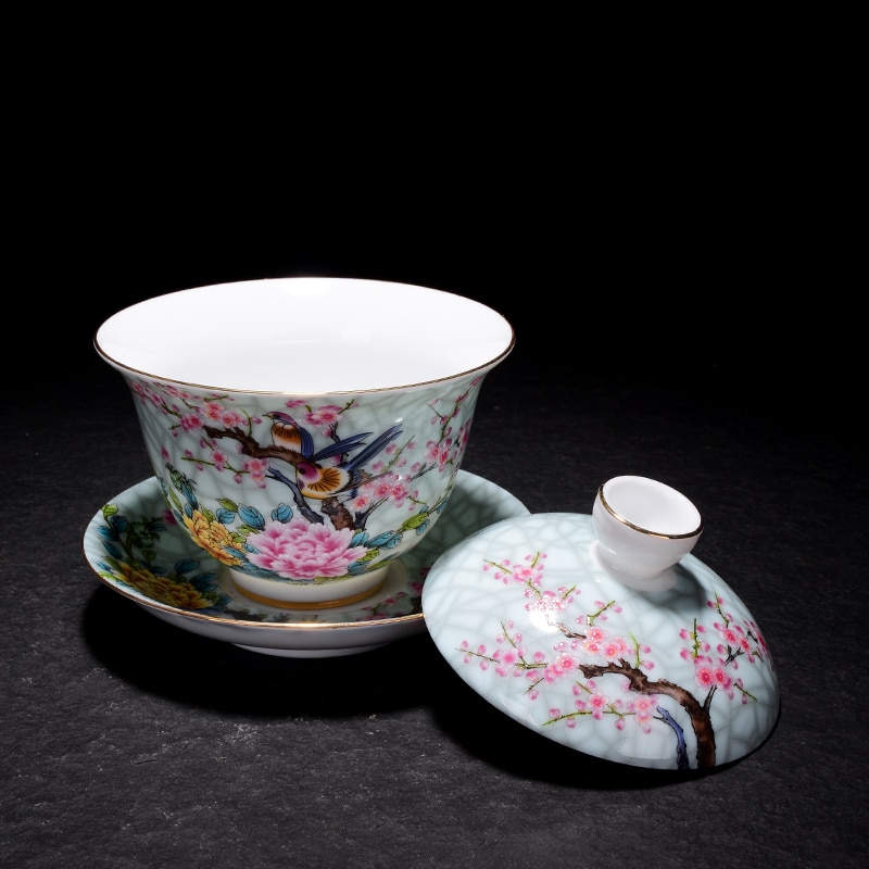 190 Ml Jingdezhen Gaiwan Keramische Porselein Bloem Vogel Patroon Art Thee Kom Met Schotel Deksel Kit Master Thee Terrine Drinkware