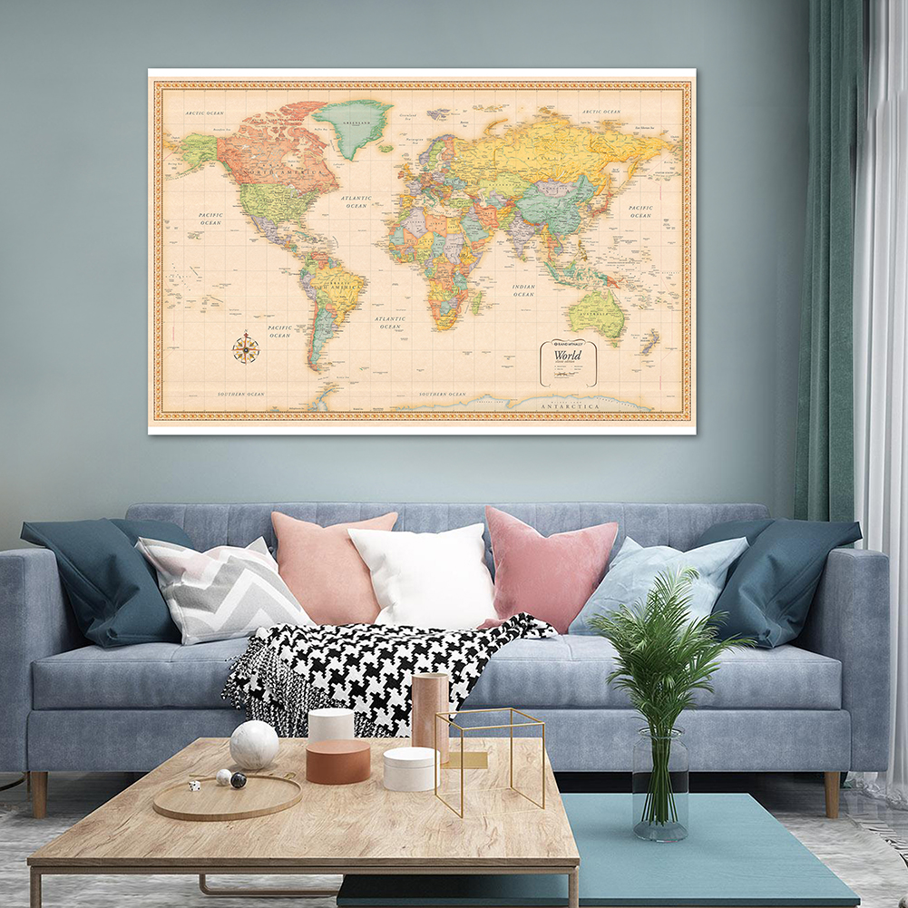 140*100cm The Retro World Map with Details Wall Art Poster HD Printed Non-woven Canvas Painting Home Decor School Supplies