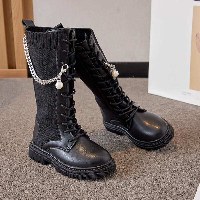 Inverno único botas de alta-tubo botas meia meados de tubo botas novas crianças malha botas de estiramento meninas botas de metal corrente princesa