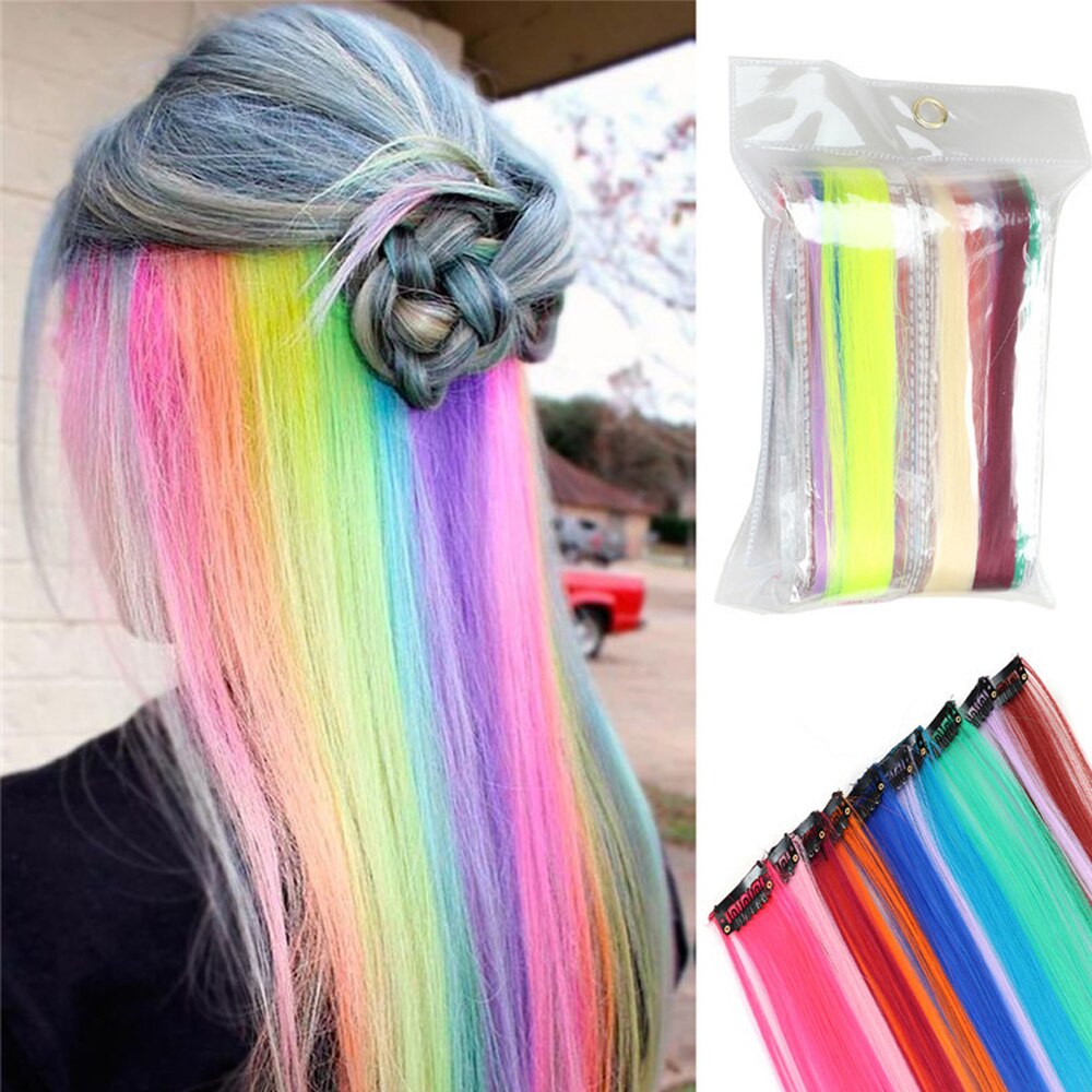 Clip In Een Stuk Kleur Haar Lange Golvende Kleurrijke Regenboog Synthetisch Hair Extensions 22 Inch Party Hoogtepunten Voor Vrouwen Kids meisjes: 24 Pcs