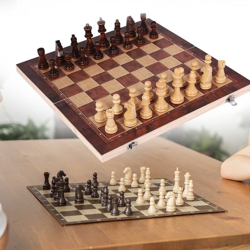 Wooden Chess Set Folding Large Board With Chess Pieces Interior for storage Port Q84C
