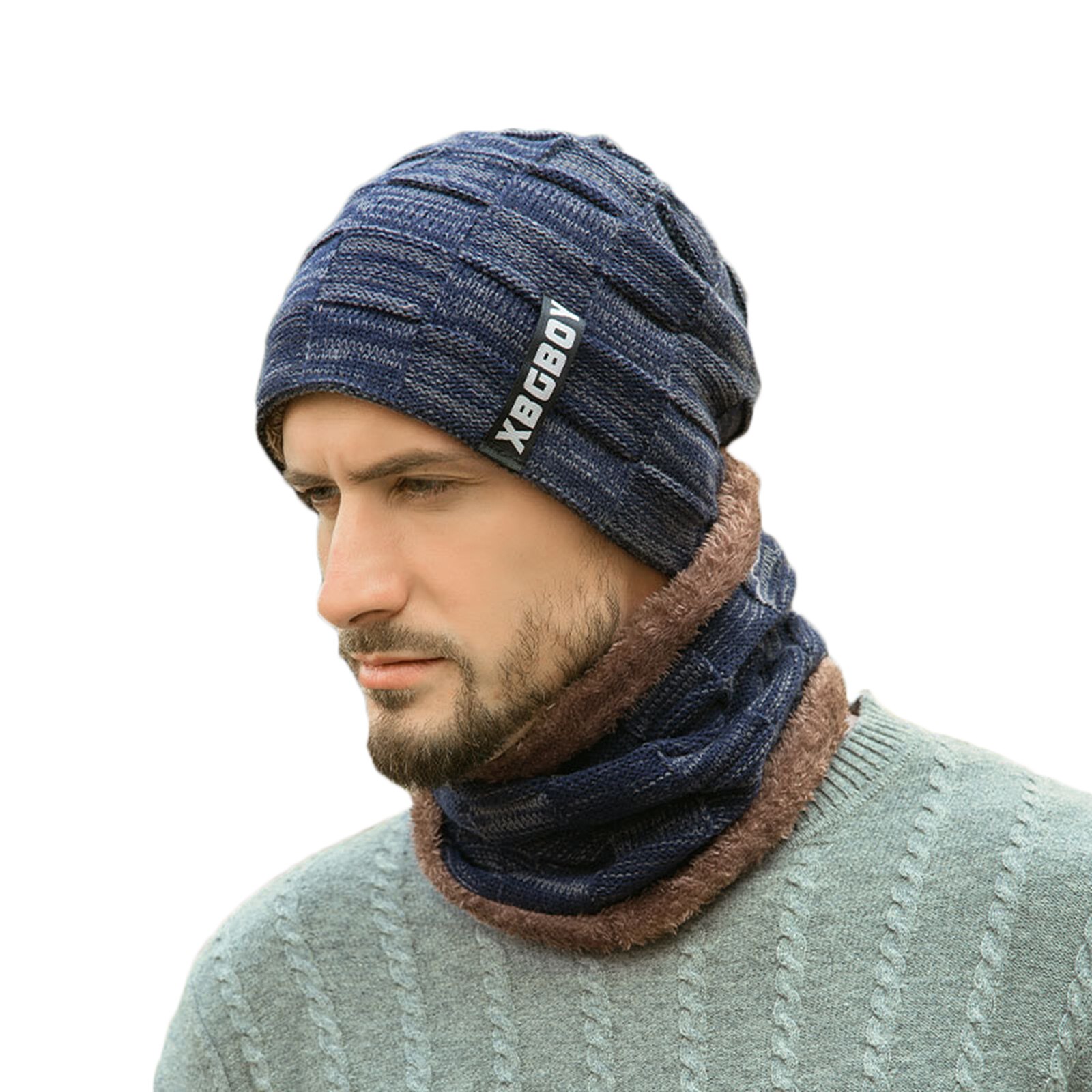 Winter Beanie Hat Scarf Set Thick Fleece Lined Warm Knit Ski Hats for Men Boy &T8: navy blue