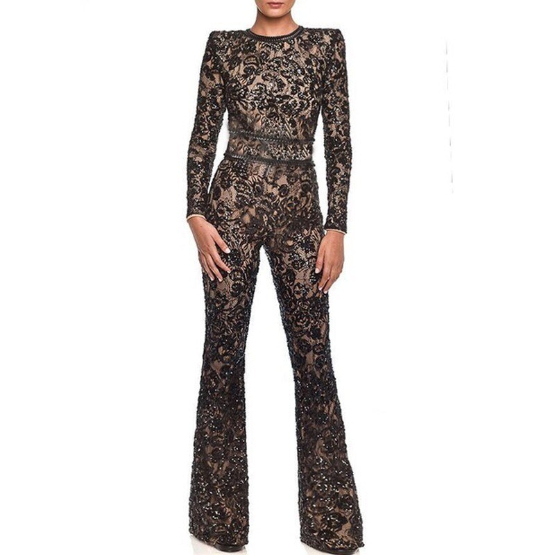 Dames Lange Mouw Winter Rompertjes Womens Jumpsuit Mesh Bloemen Kant