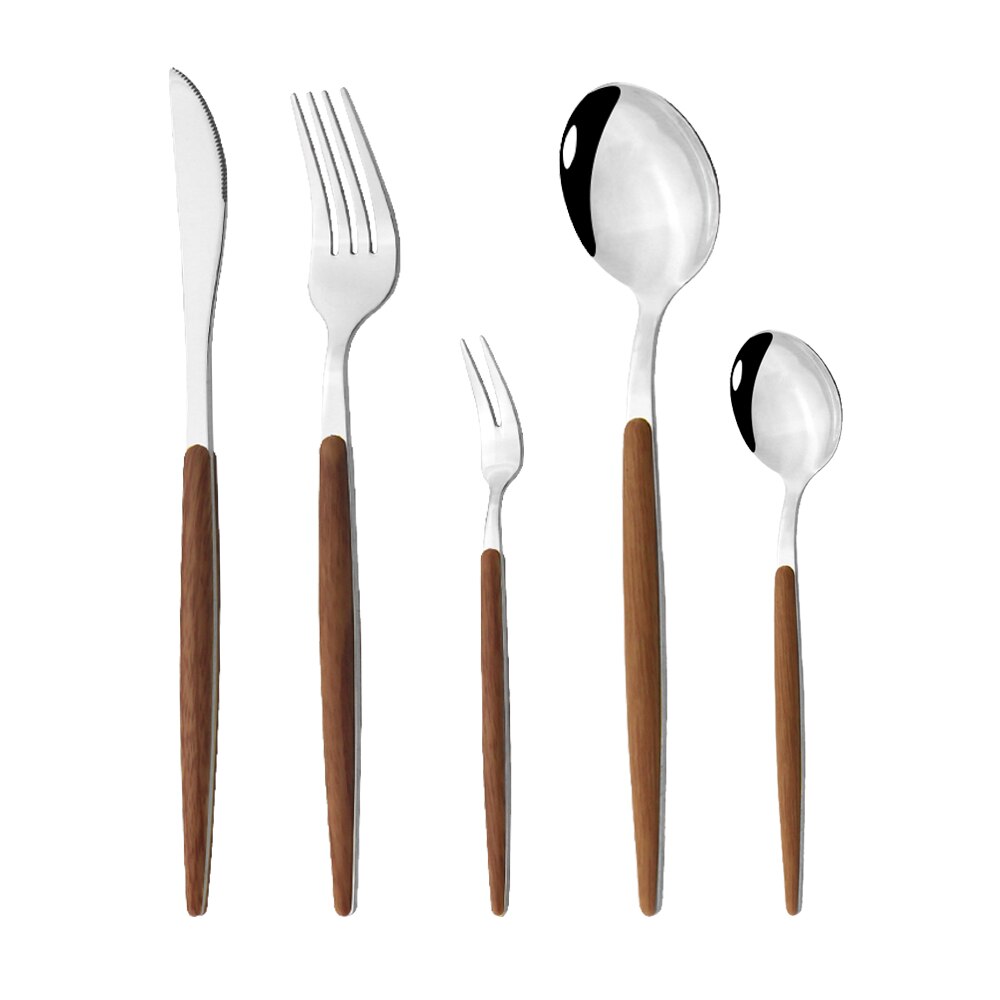 Western Silver 1/5Pcs Dinnerware Set Wood Handle Stainless Steel Dinner Home Knife Fork Spoon Fish Fork Flatware Cutlery Sets