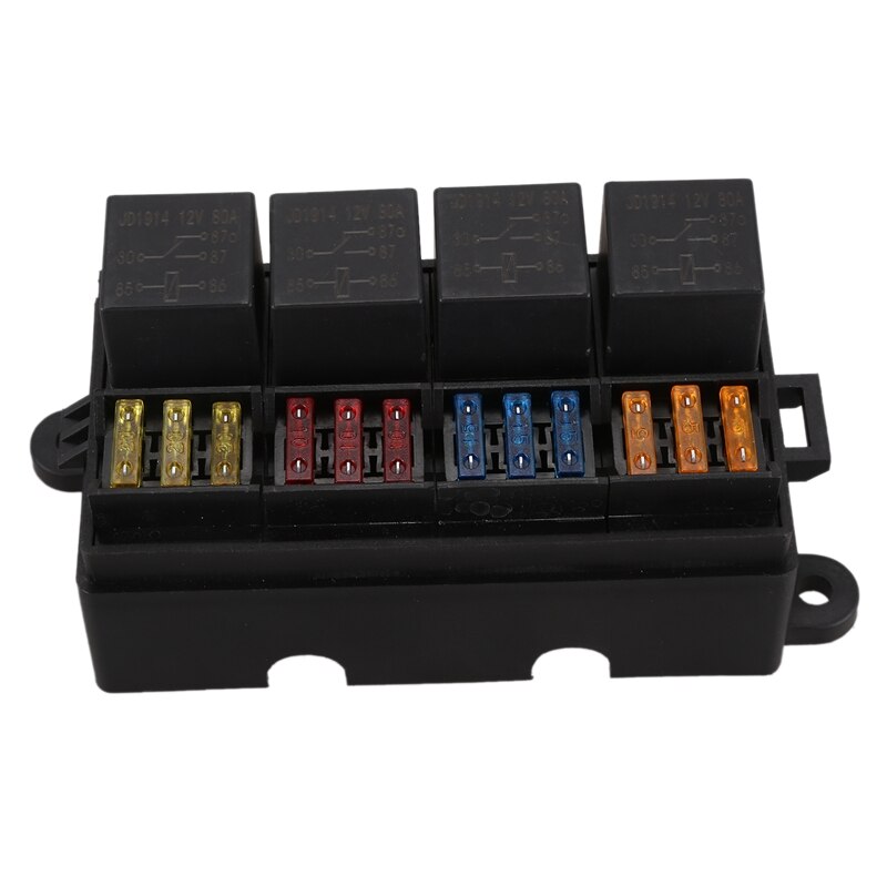 -Caja portafusibles de cuchilla de 12 vías con terminales de pala y fusible 4 Uds 4 pines de 12V 40a relés para remolque y barco de camión de coche