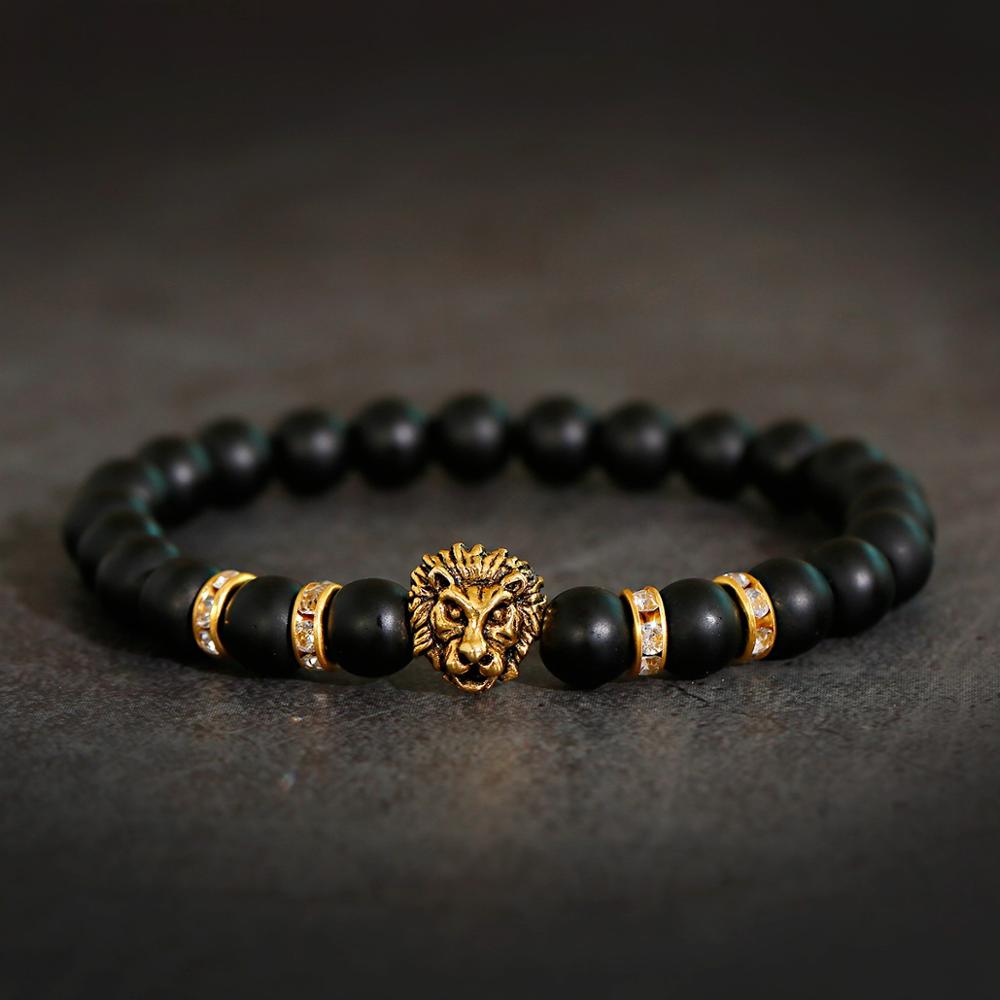 Lion Yoga Bracelet Homme Men Bileklik Charm Black Matte Natural Stone Beads Bracelet Men Braclet Jewelry