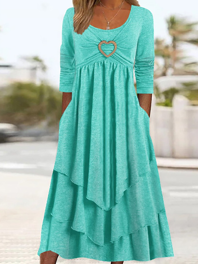 Office Women Patchwork Pockets Midi Dress Round Neck Basic Solid Long Sleeve Dress Lady Casual Summer Ruffles Club Dress