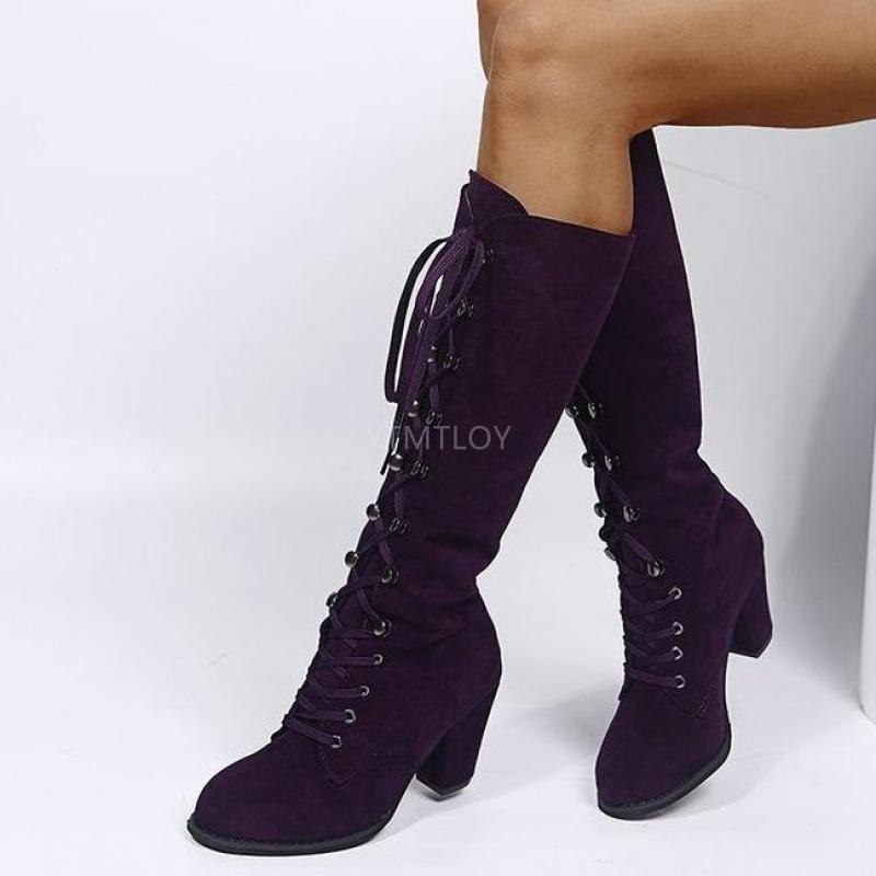 Kniehoge laarzen herfst winter lange dames hoge hakken motor dames schoenen veter ronde neus vierkante hak laarzen mujer