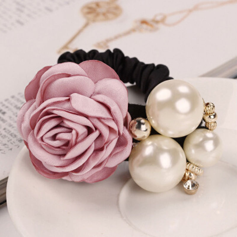 Women Ribbon Rose Flower Hairband Big Pearl Hair Bands for Girls Elastic Hair Rope Ties Ponytail Holder Hair Accessories: light pink