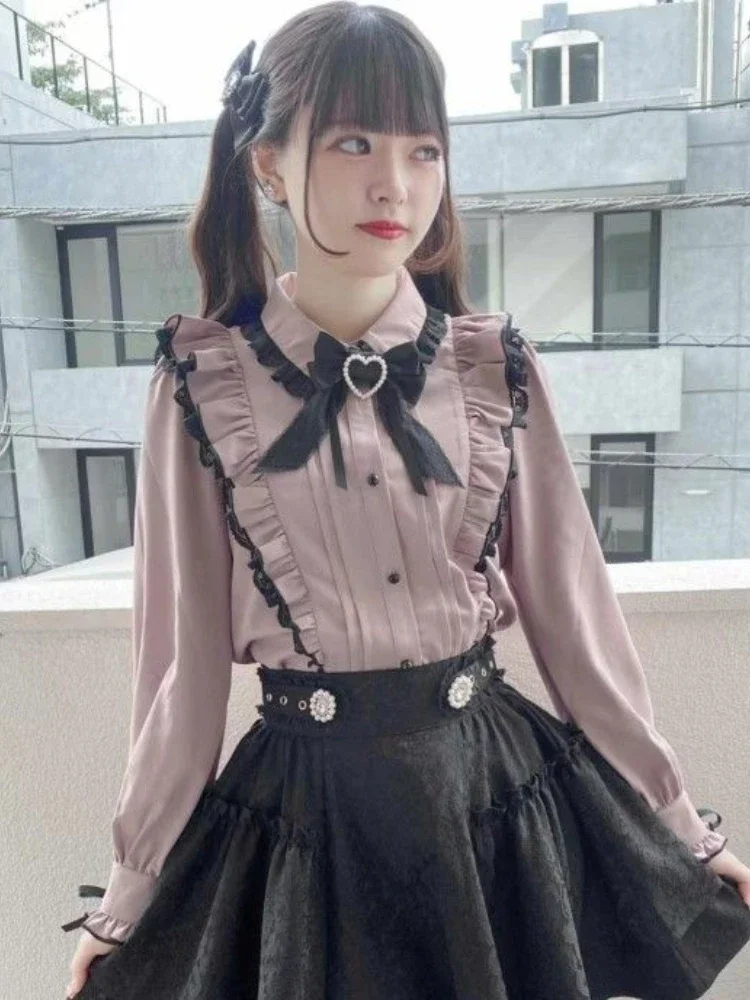 Chemise à volants en dentelle japonaise Kawaii pour femmes, chemisier à nœud rose Y2k, Harajuku, hauts mignons pour dames, nouvelle Lolita Blusas Femme 2025