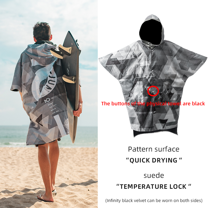 Nu-June Surfponcho Fleece gevoerd Herfst Winter Strandlaken Mantel Warme badjas Winddicht met capuchon voor strand Hete lente: zwart