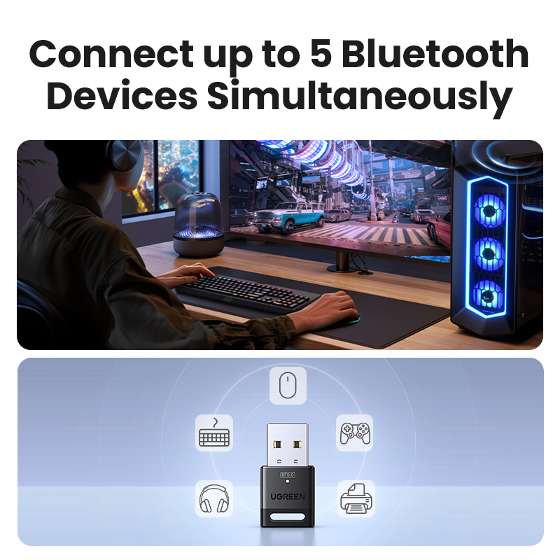 USB Bluetooth Adapter, Bluetooth 6.0 Dongle for PC Windows 11/10/8.1, Bluetooth Receiver & Transmitter for Keyboard/Mouse