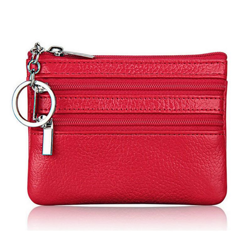 Women Men Leather Coin Purse Card Wallet Clutch Double Zipper Small Change Bag Purse wallet: Red Color