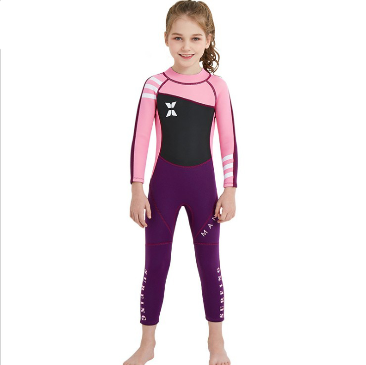 children diving suit 2,5mm neoprene wetsuit kids girls keep warm einteiliges long sleeve uv protection swimwear wetsuits: Pink / S