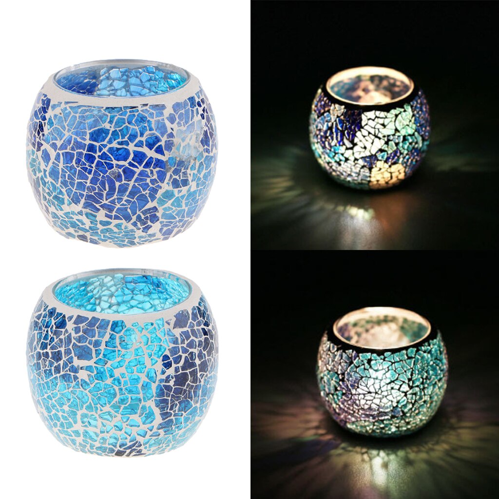 2Pcs Vinatge Mozaïek Glas Votive Kaarsen Theelichtjes Houder Blauw Kandelaar Kaars Kom Cups Set