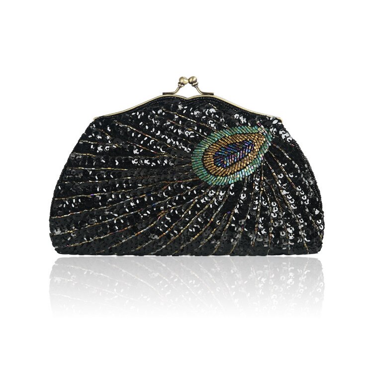 Pauwenveer Patroon Sequin Clutch Evening Party Wedding Pouch Purse Women'S Bag Vintage Ketting Kleine Zakken Met Portemonnee Bolsa: black