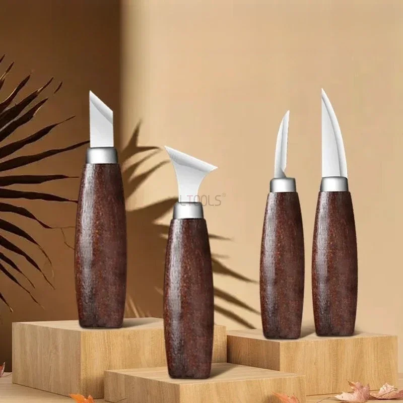Carbon Steel Carving Knives Set with Walnut Handle Delicate Durable Four Style Engraving Knife Hand Tools Woodworking Tools Set