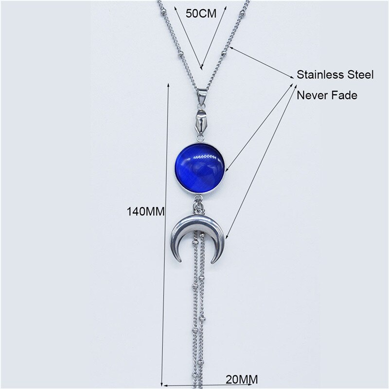 Blue Opal Rvs Verklaring Ketting Vrouwen Zilveren Kleur Hekserij Lange Kwast Maan Ketting Sieraden Colar N20312