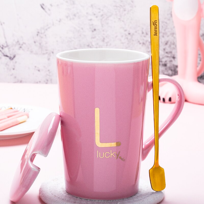 couple ceramic mug with lid spoon trend men and women household drinking cup personality milk coffee tea cup cup: M